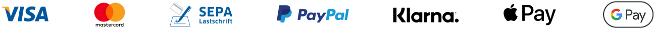 VISA, Mastercard, SEPA-Lastschrift, PayPal, Klarna, Apple Pay, Google Pay